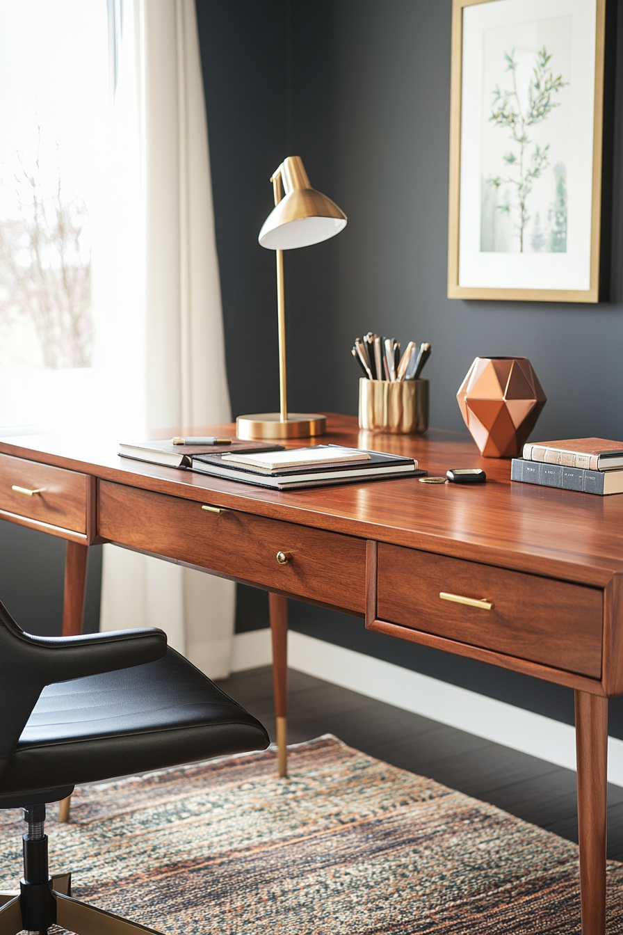 Close-up of brass lamp and copper vase in mid-century modern office