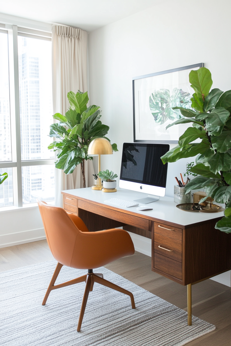 Close-up of retro-style planter with indoor plant in mid-century modern office