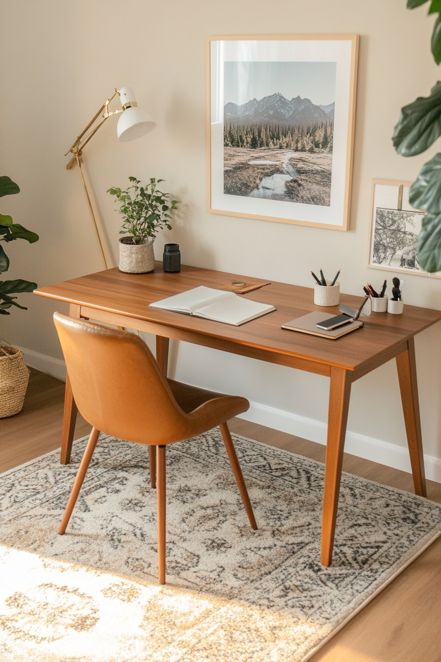 Close-up of mid-century wooden desk with tapered legs