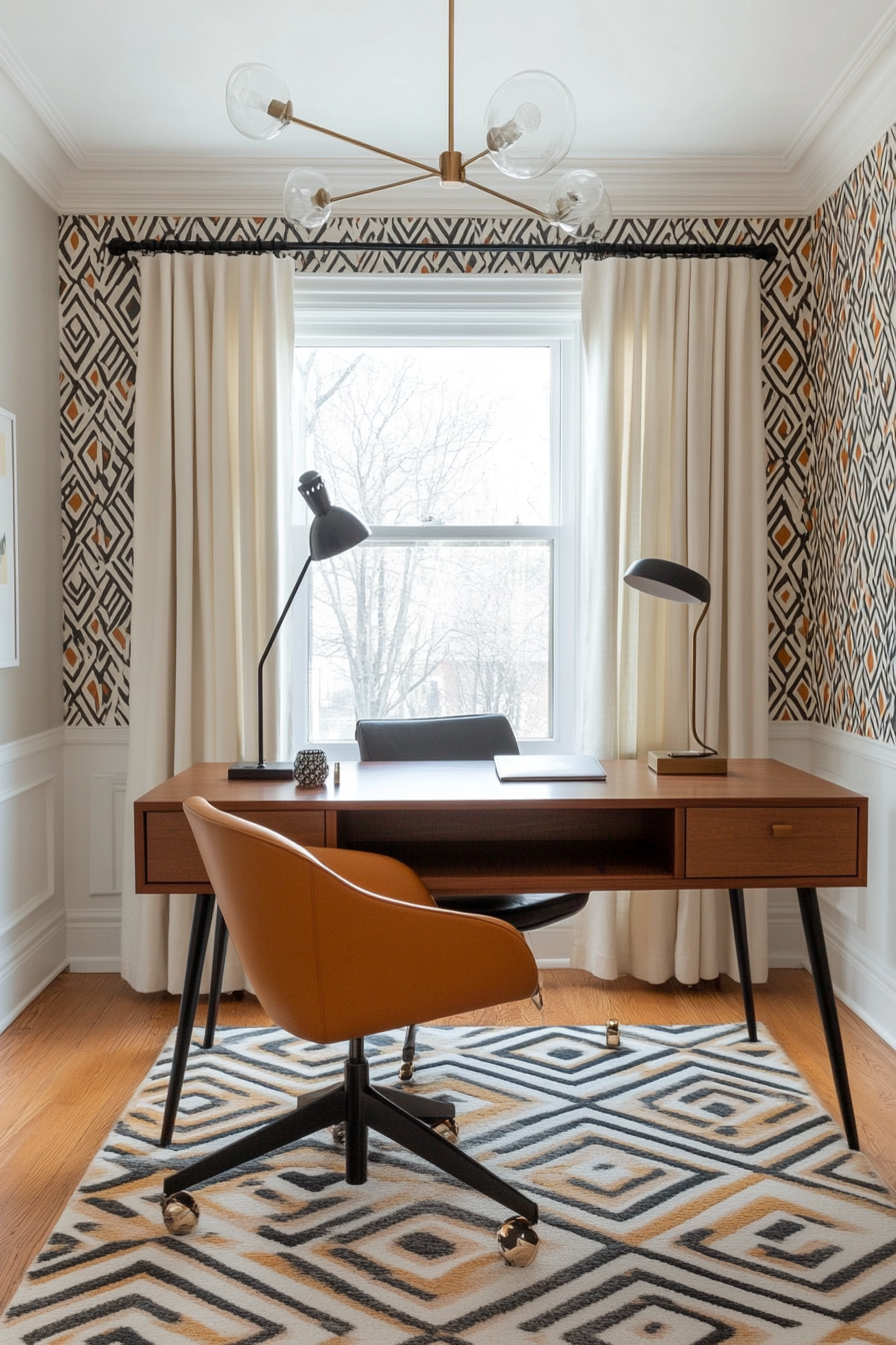 Geometric-patterned rug in a mid-century modern office