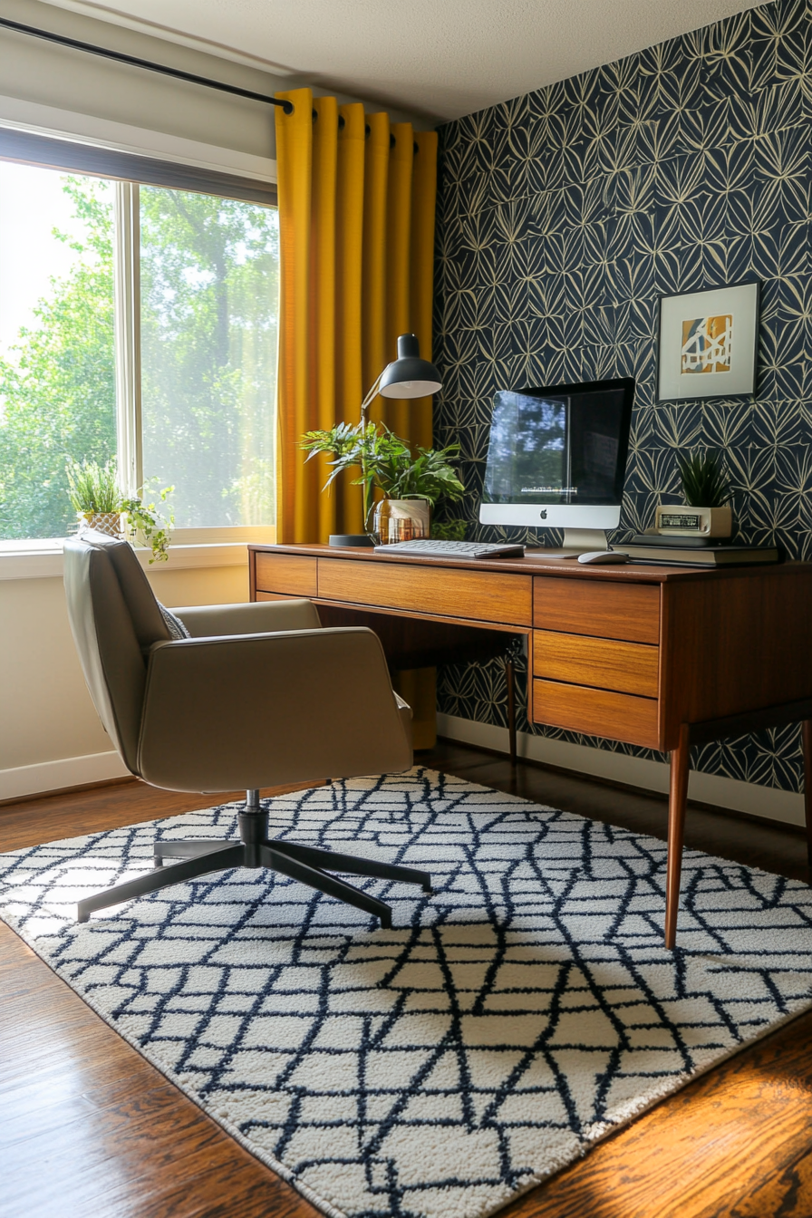 Mid-century geometric patterned wallpaper in office