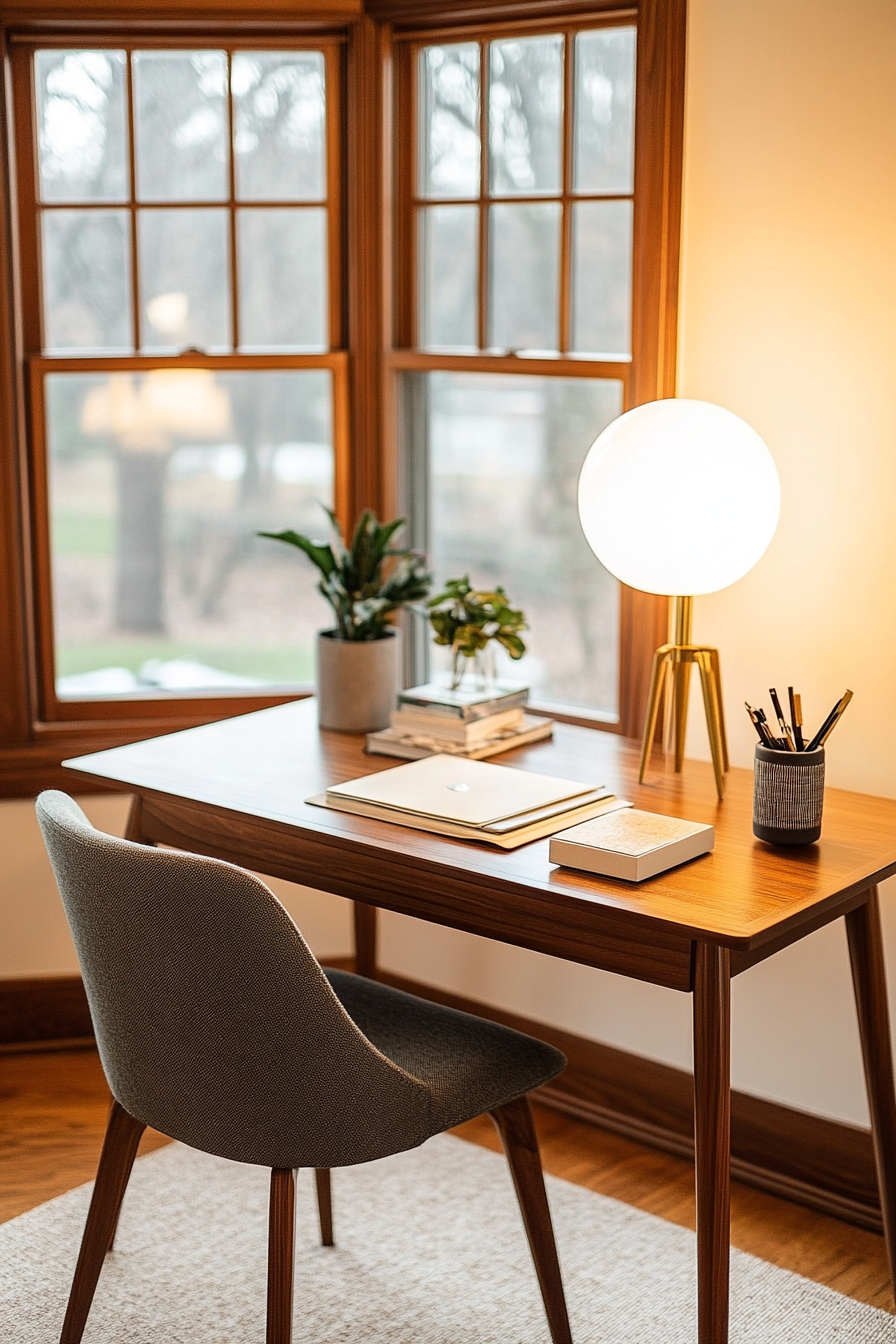 Close-up of tripod lamp with brass accents