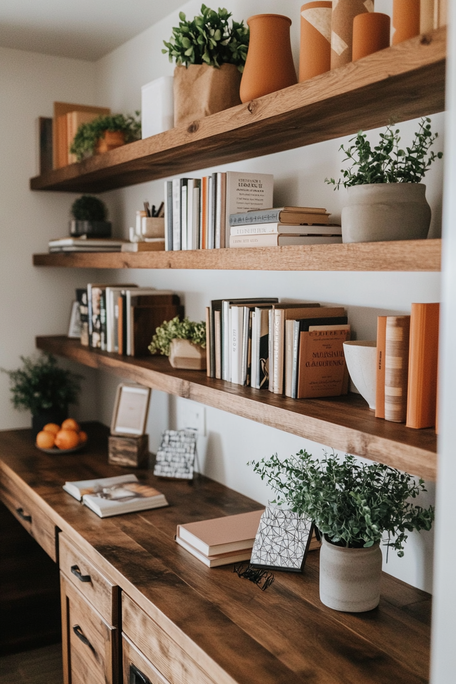 Mid-century modern open shelving with minimalist decor