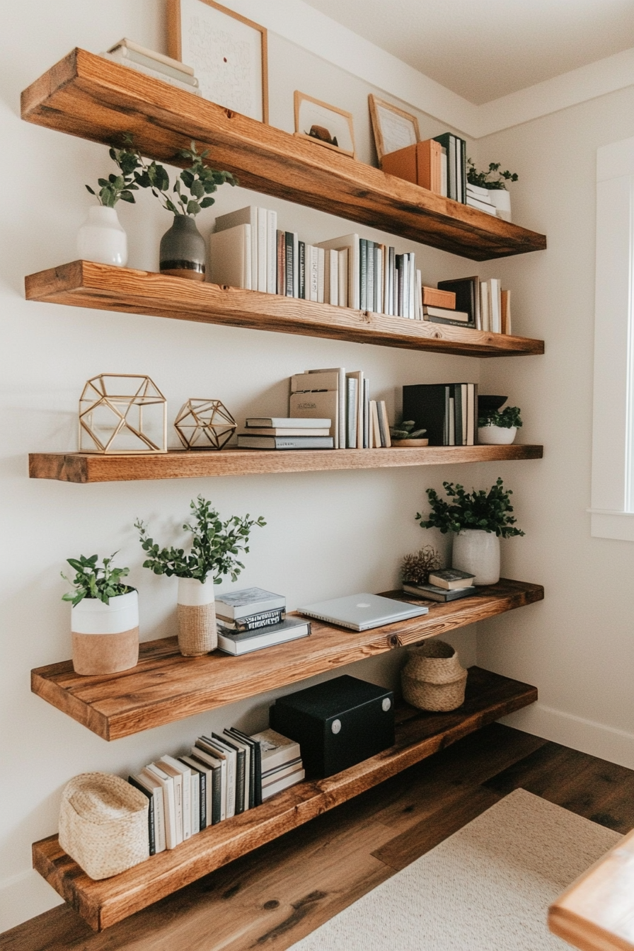 Close-up of styled open shelves with minimalist decor