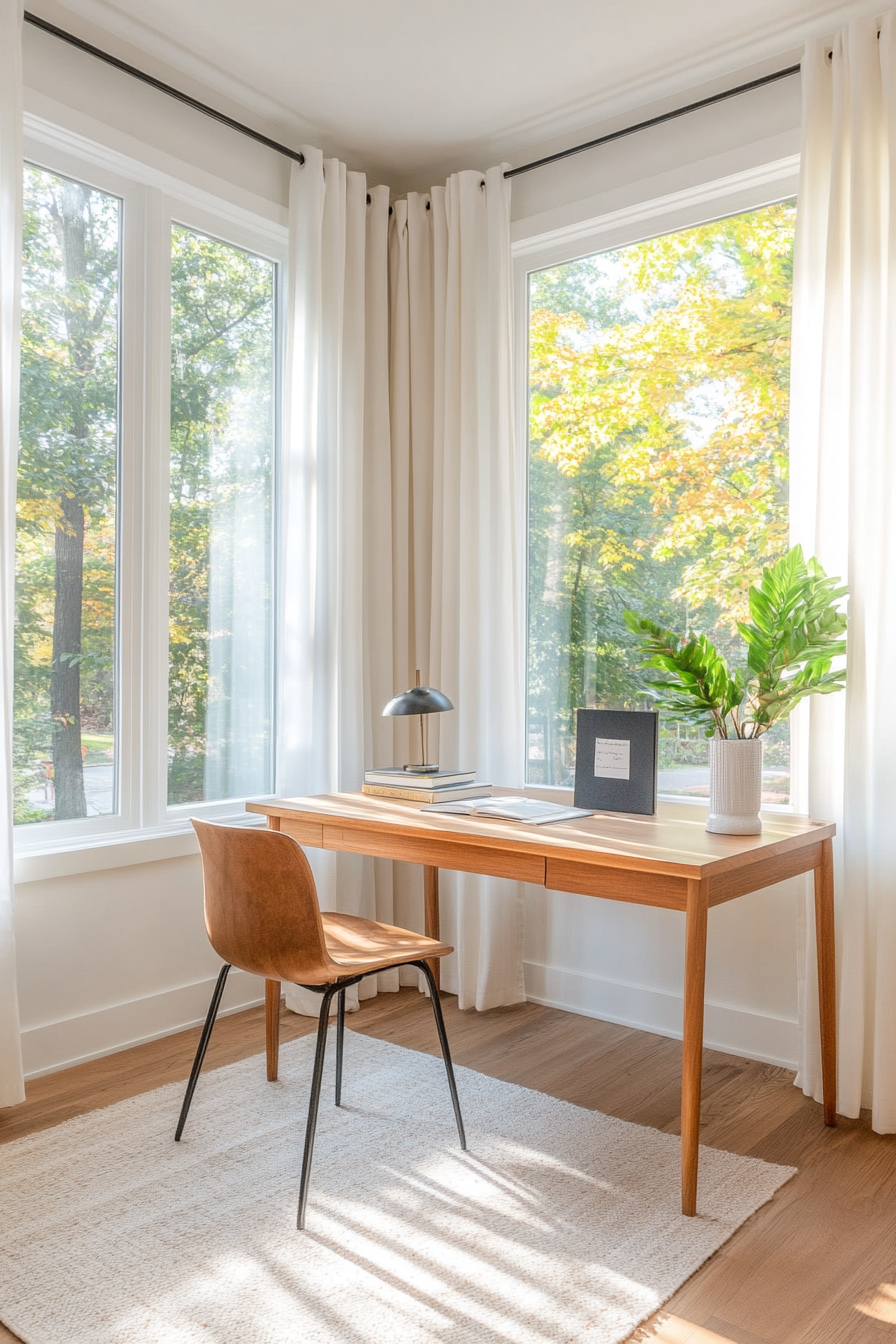 Close-up of mid-century office with sunlight streaming through windows