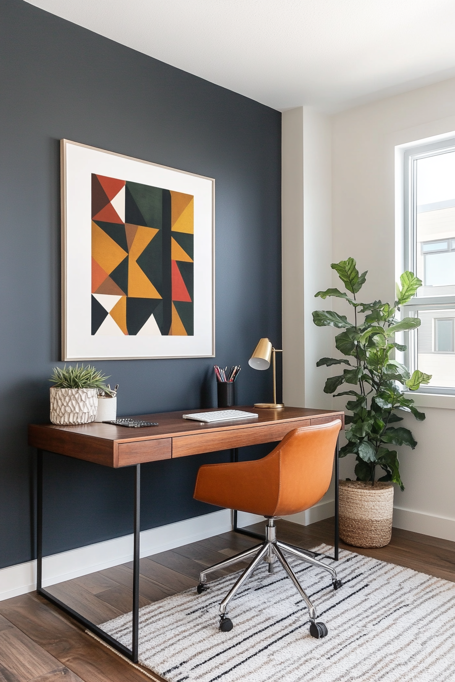 Mid-century modern office with abstract art and atomic wall decor