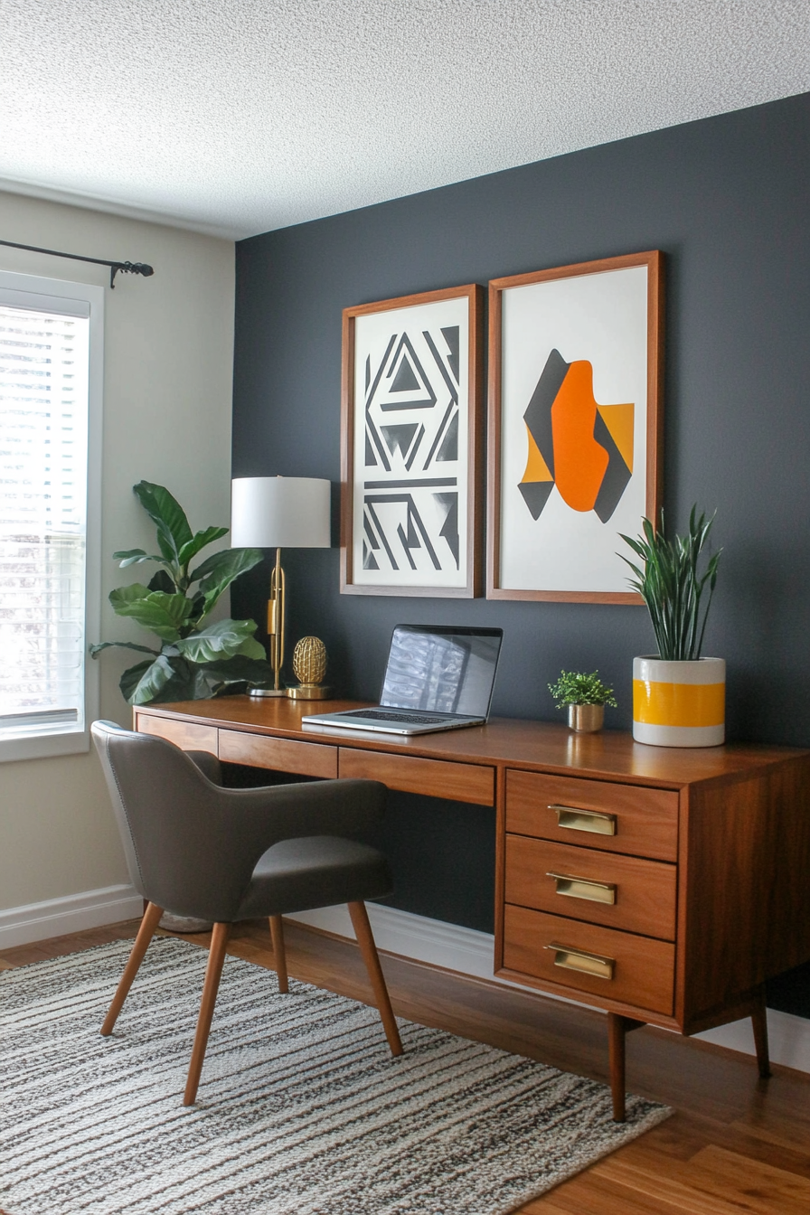 Close-up of bold geometric wall decor in mid-century modern office