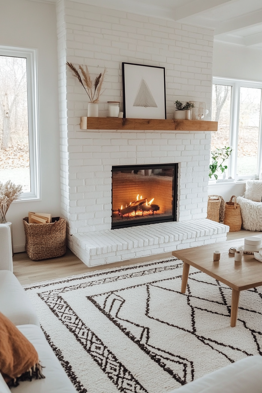 Whitewashed brick fireplace in a moody neutral living room