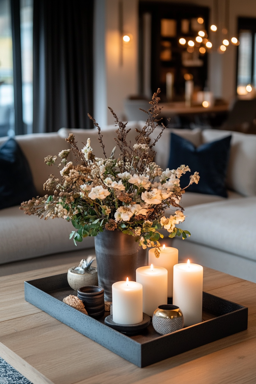 Living room with a mix of warm and cool tones in a moody neutral palette