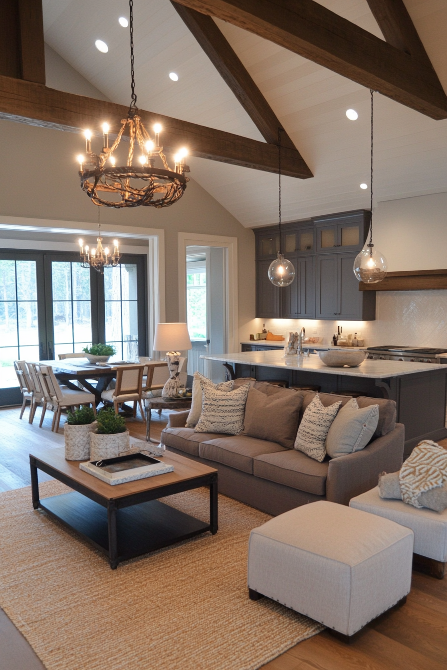 A warm leather chair paired with a cool grey throw in a neutral living room