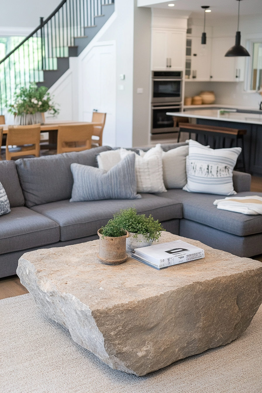 Stone centerpiece in a neutral-toned moody living room