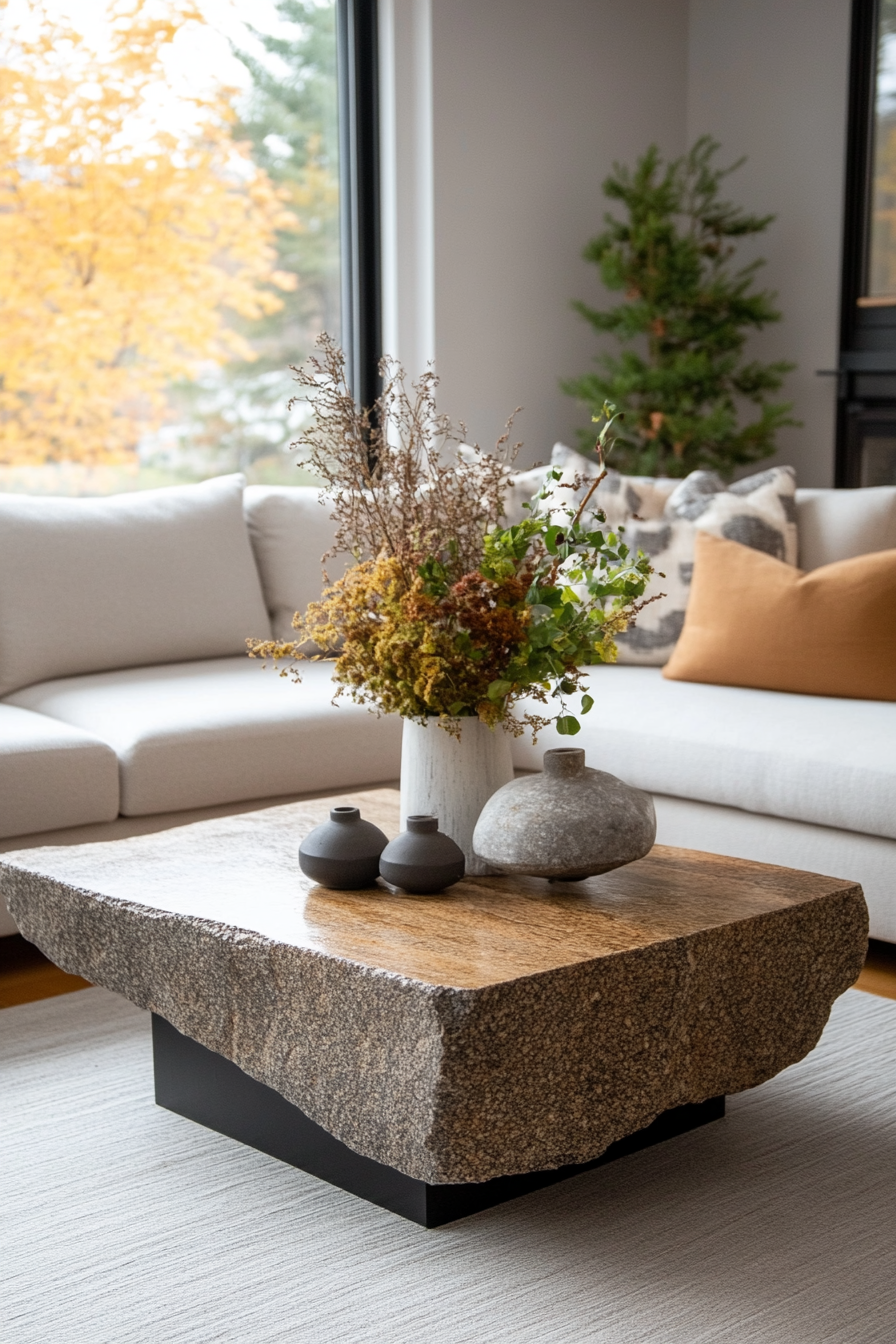 Stone coffee table styled with candles and books