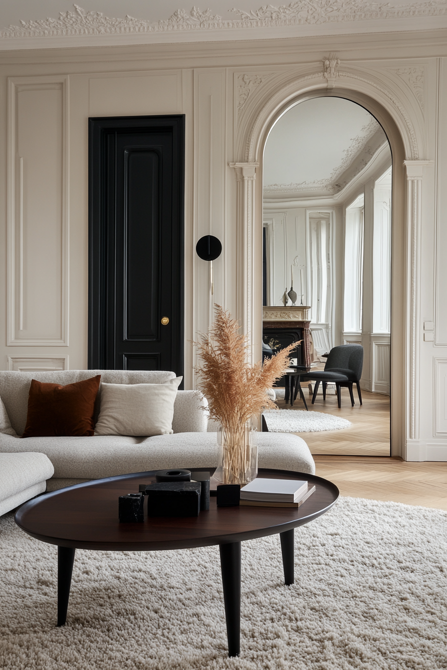 Circular decor elements in a moody neutral living room