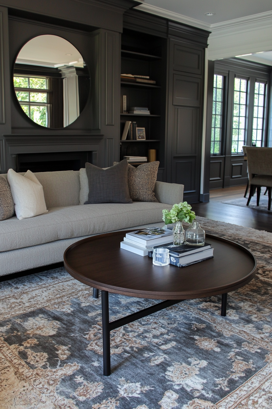 Round coffee table with layered decor in a neutral living room