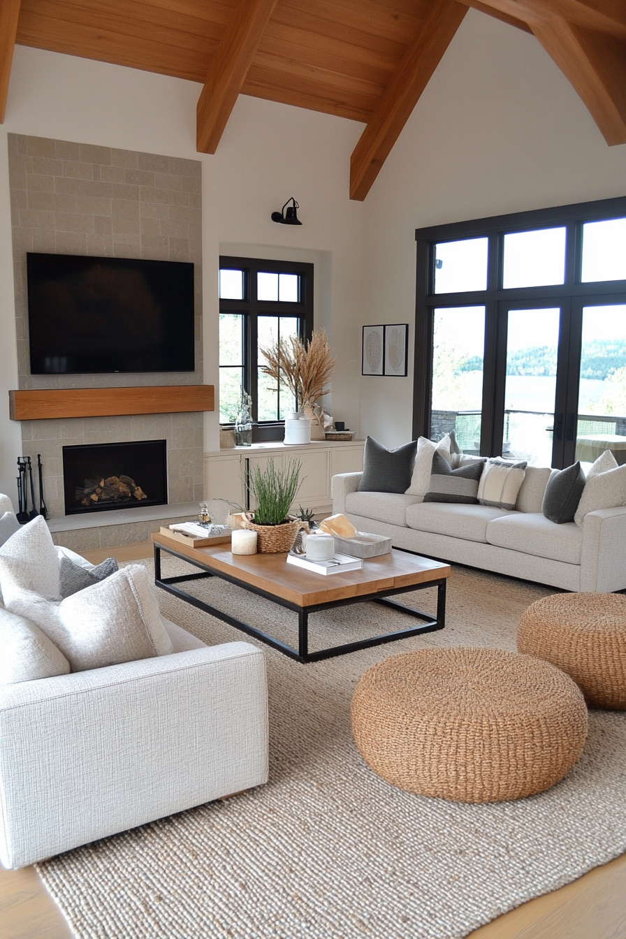 Boucle sofa with textured neutral pillows in a moody living room