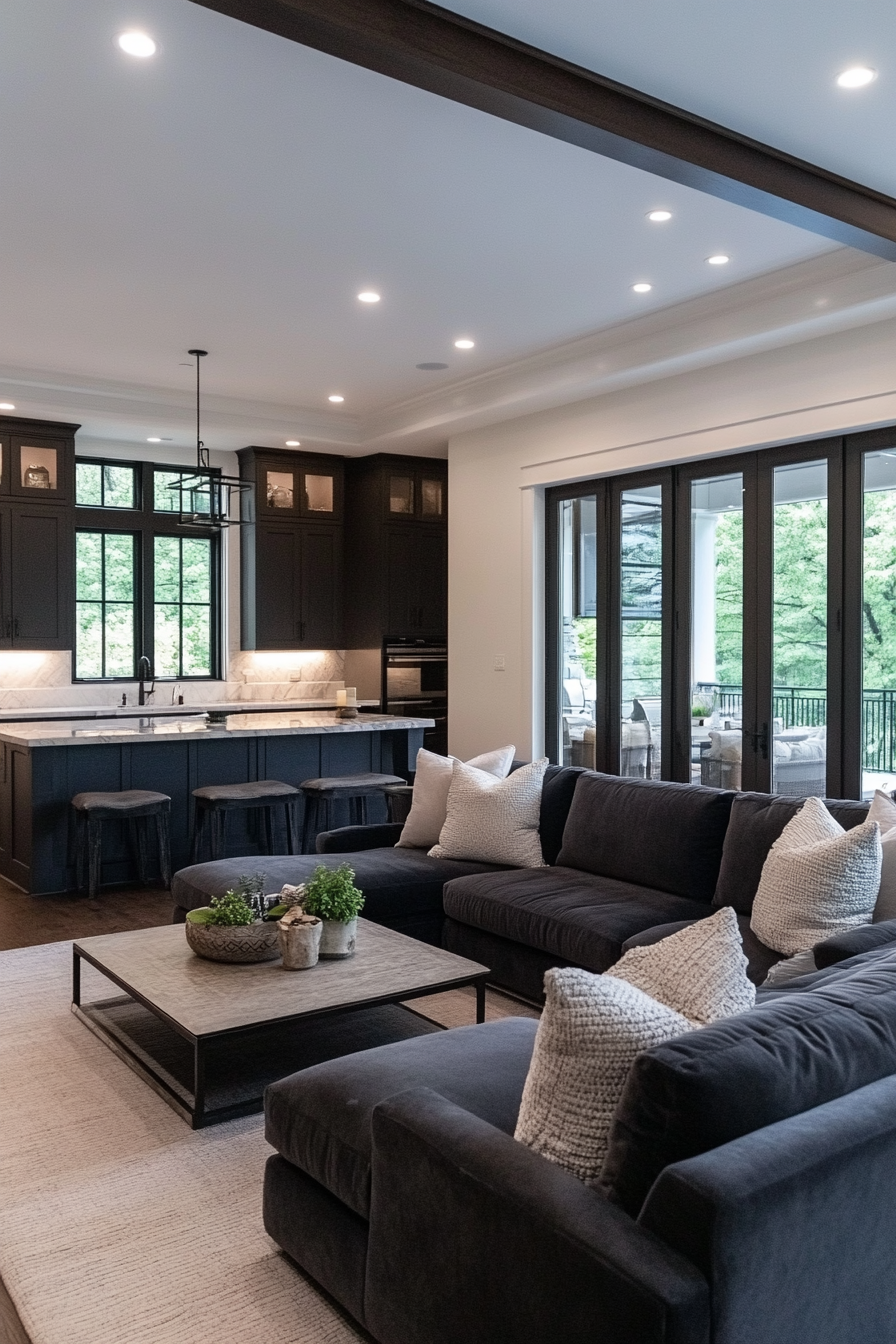 A cozy throw on a dark charcoal sofa for a moody living room