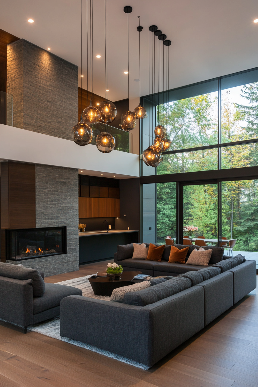 Smoked glass pendant lighting in a moody neutral living room