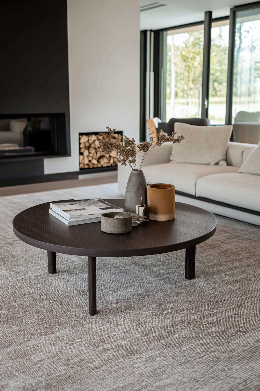 Layered grey rugs in a moody neutral living room