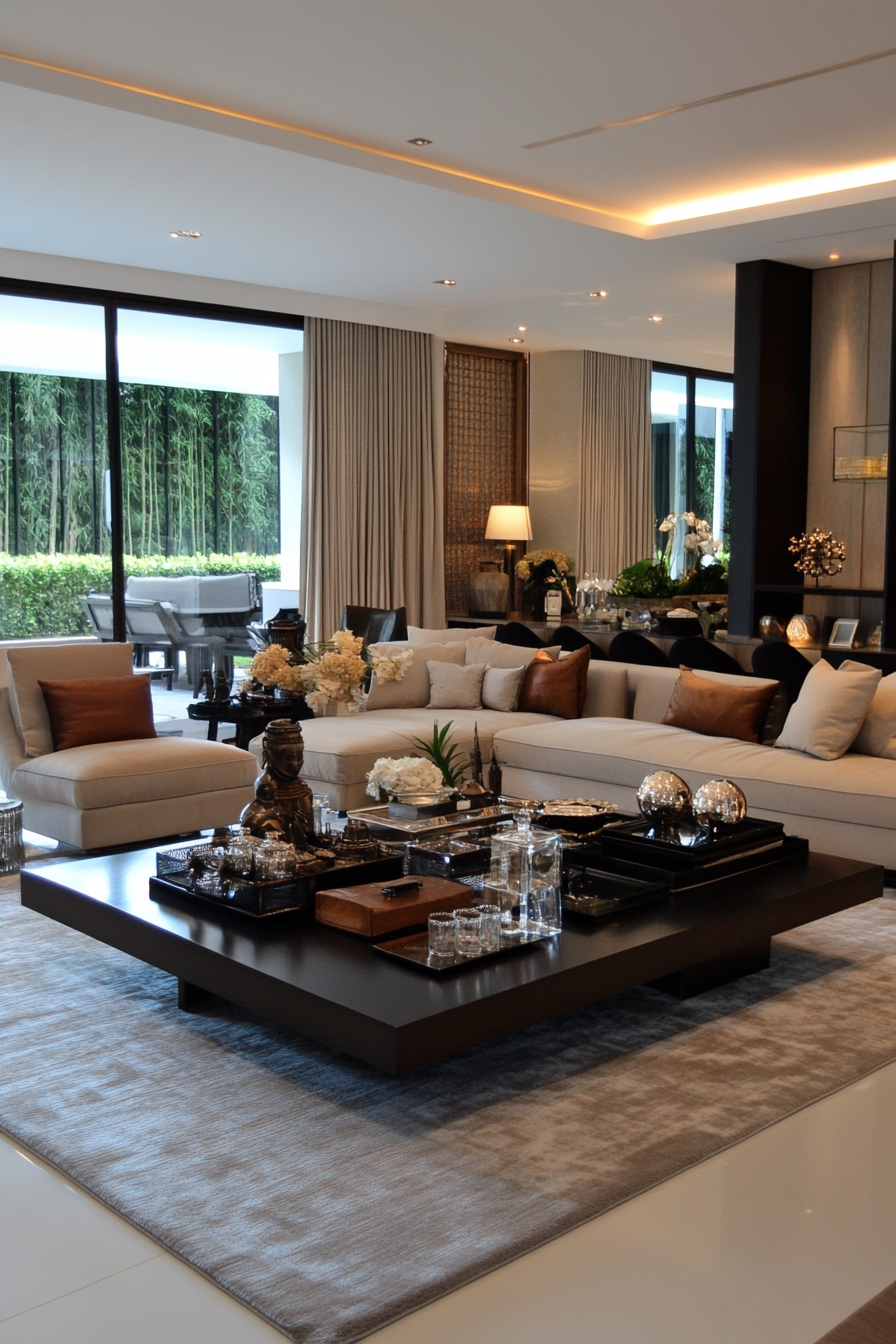 Layered rugs with a dark coffee table for a chic living room
