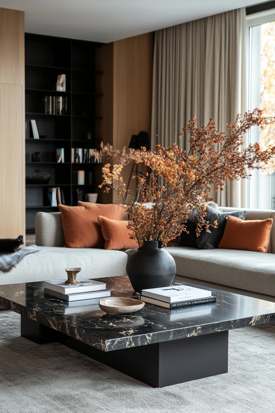 Black marble coffee table in a moody neutral living room