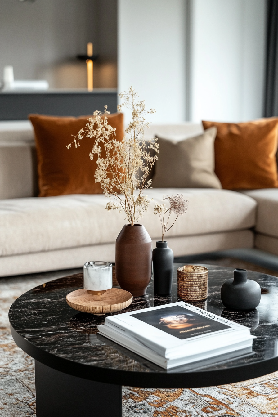 Decorated black marble coffee table with books and a candle