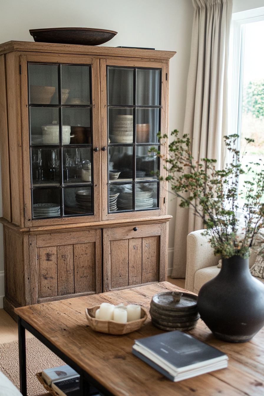 Vintage wood accents in a moody neutral living room