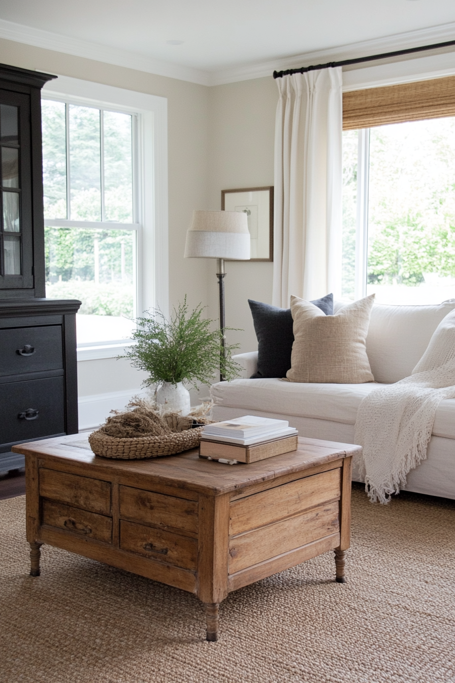 Vintage wood bench with cushions in a neutral living room