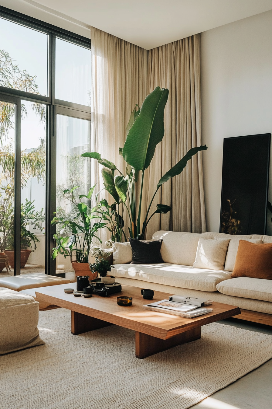 Low-lying furniture in a moody neutral living room