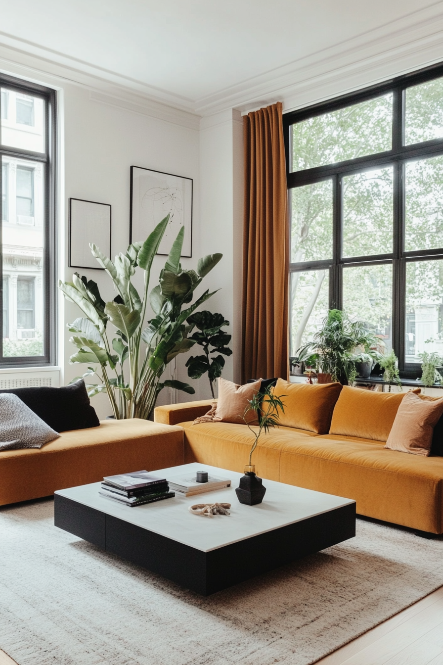 Low-profile sofa paired with a tall indoor plant