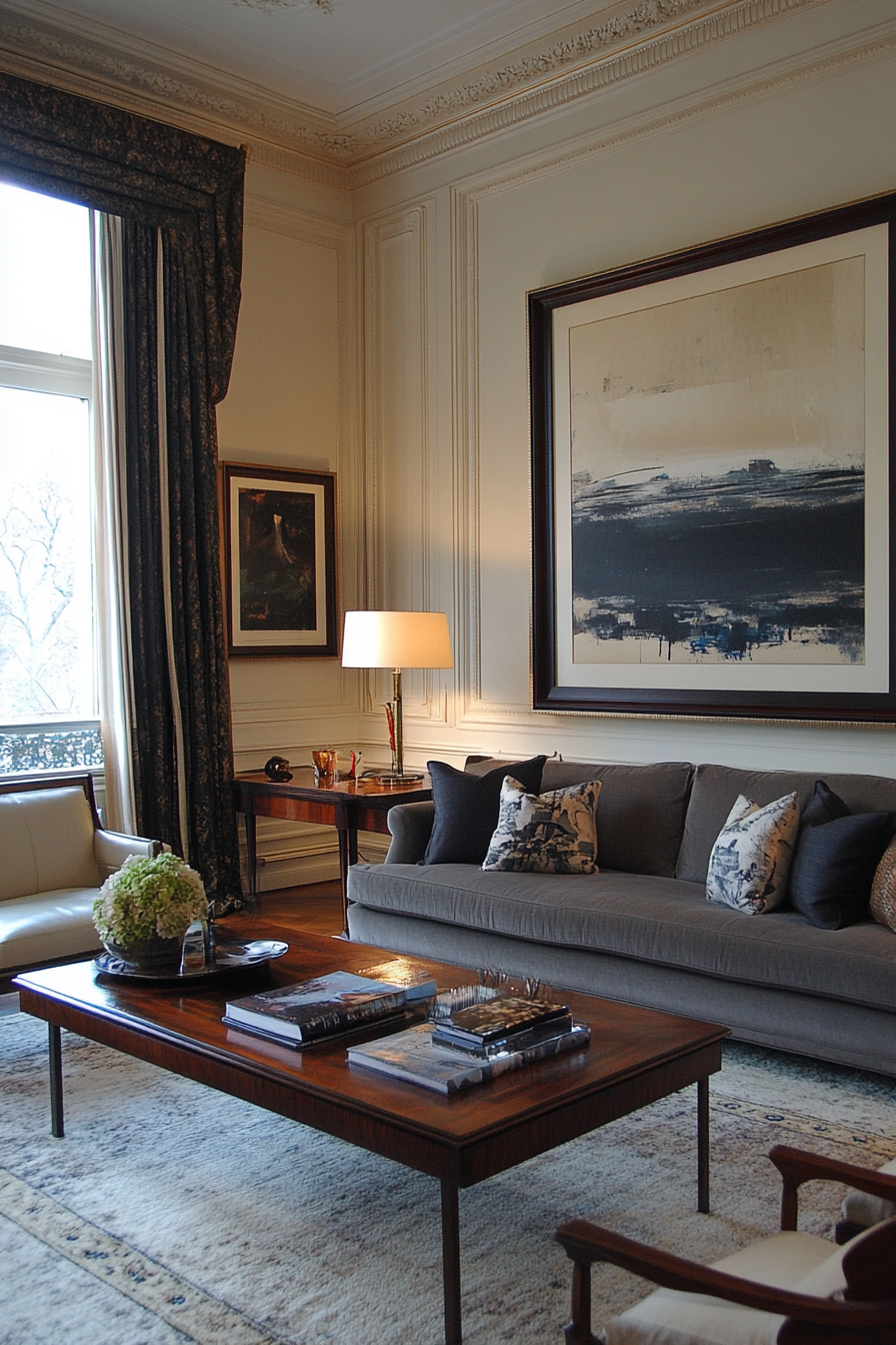 Moody wall art in muted tones for a neutral living room