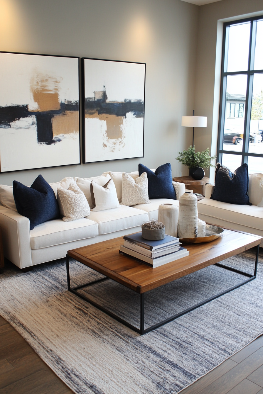 Gallery wall with muted tone artwork in a moody living room