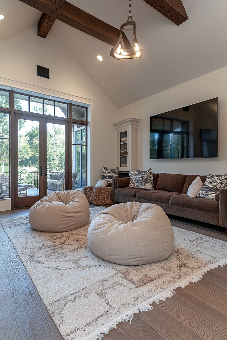 Plush bean bags in a cozy, moody neutral living room