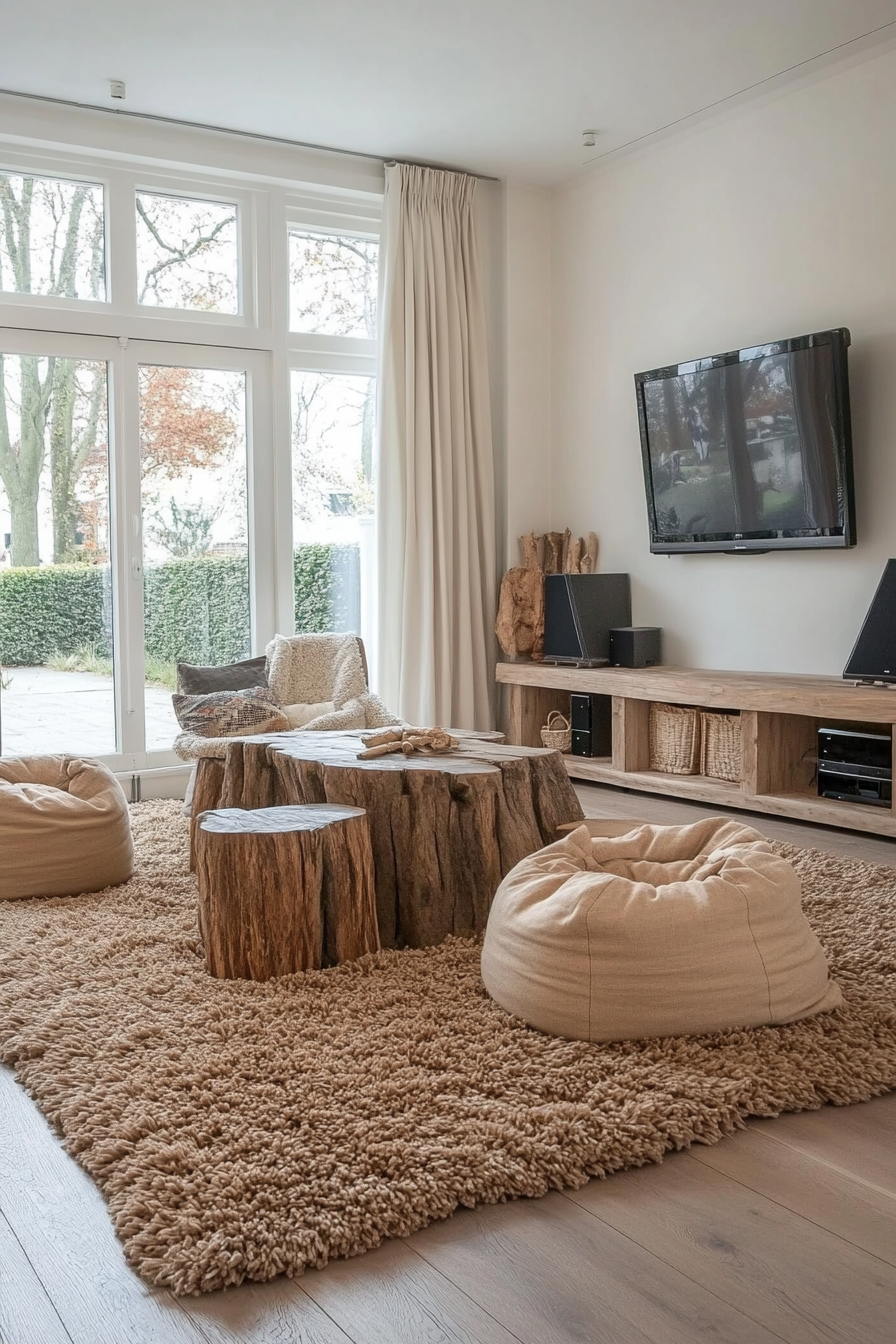 Oversized plush bean bags styled with throws and pillows