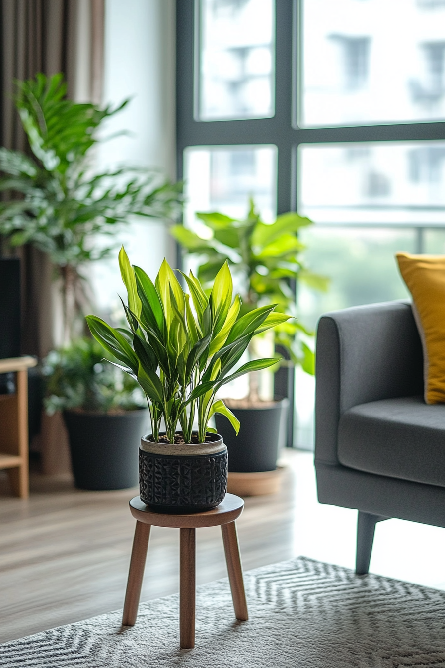 Clustered indoor plants in decorative pots for a moody living room