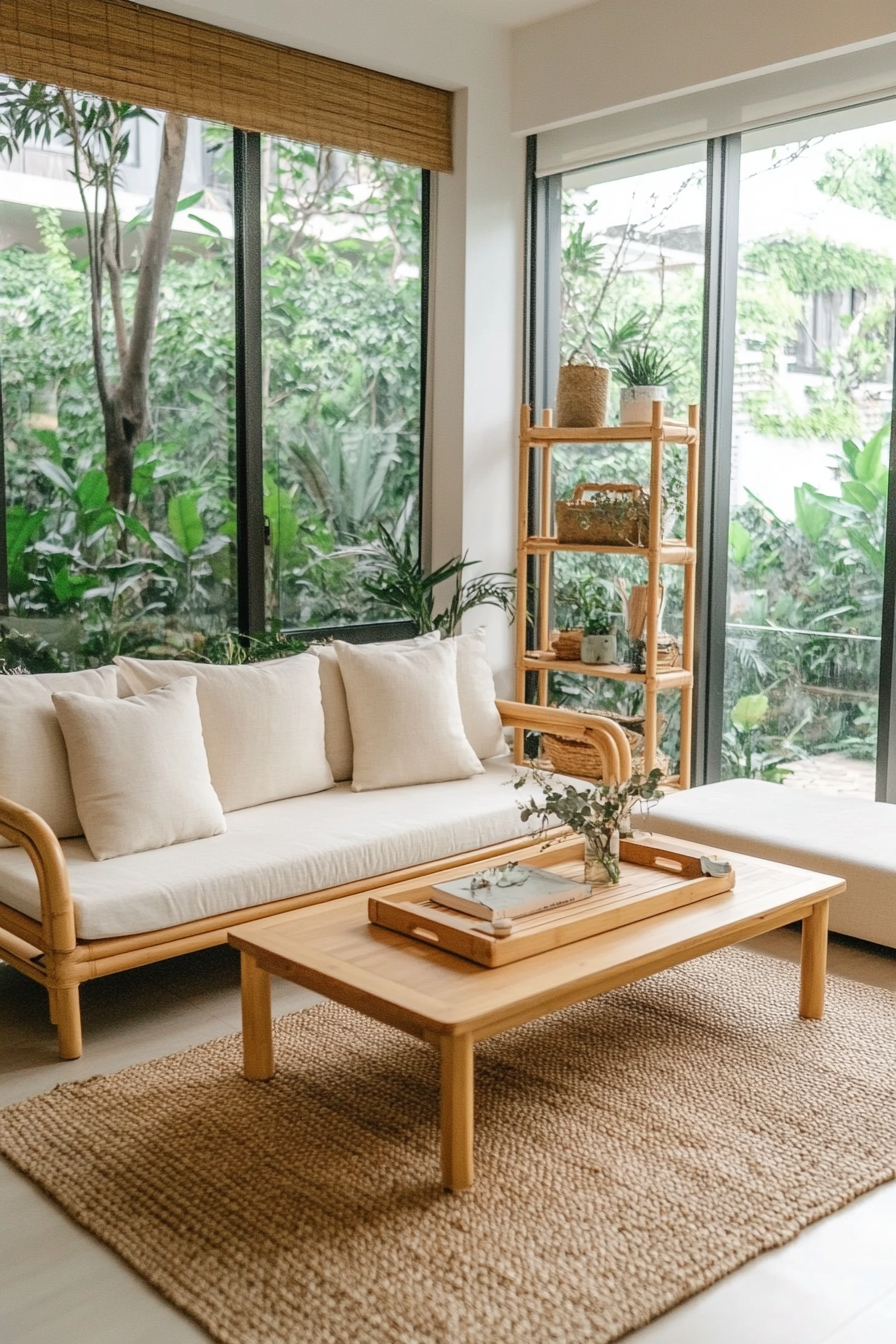Minimalist bamboo furniture in an organic modern living room
