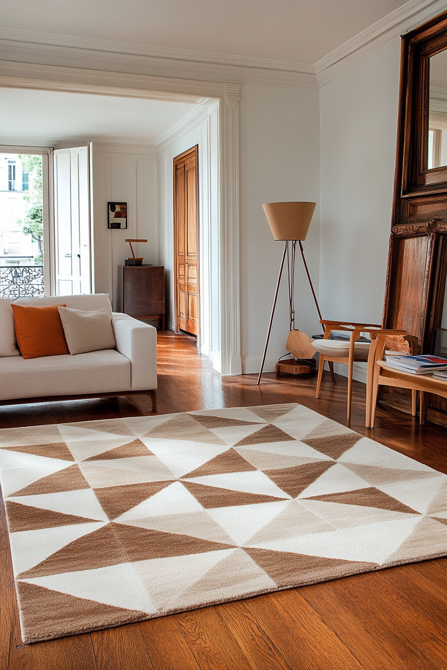Patterned wool rug grounding a modern living room