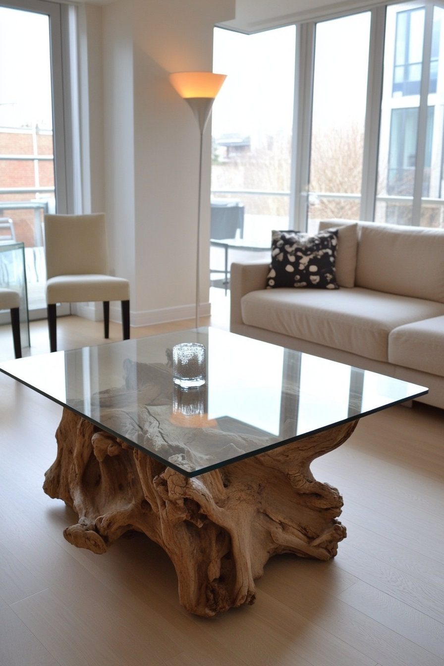 Driftwood coffee table with a sleek glass top