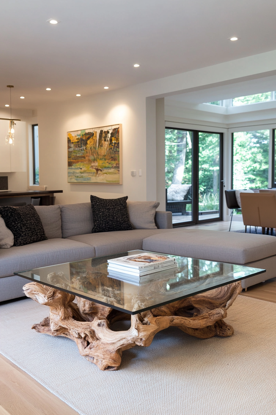 Driftwood and glass coffee table in an organic modern setting