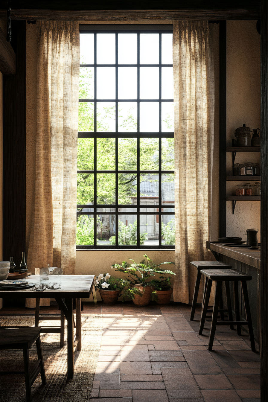 Softly draped hemp curtains framing a modern living room