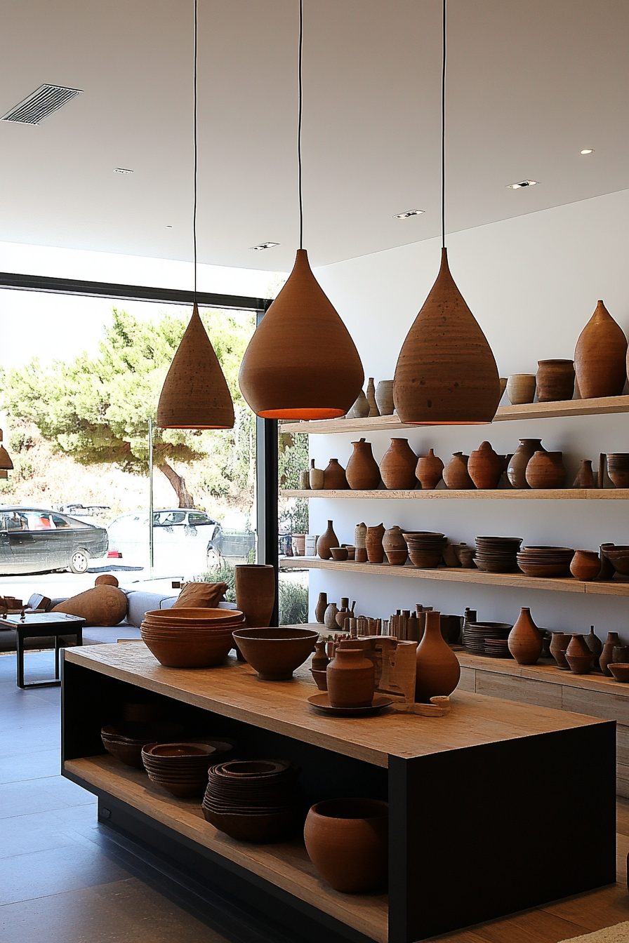 Earthy ceramic pendant lights illuminating a cozy living space