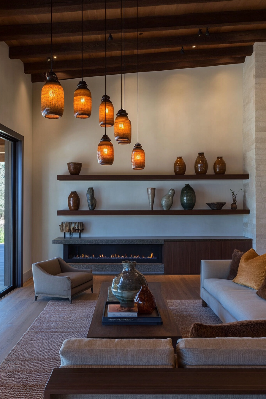 Handmade ceramic pendant lights and sculptures in a warm setting