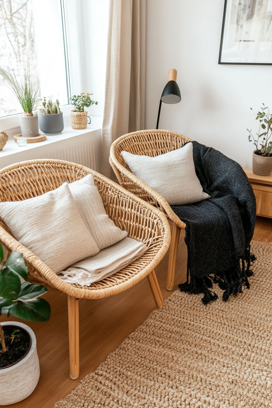 Woven rattan chairs with fluid, organic shapes