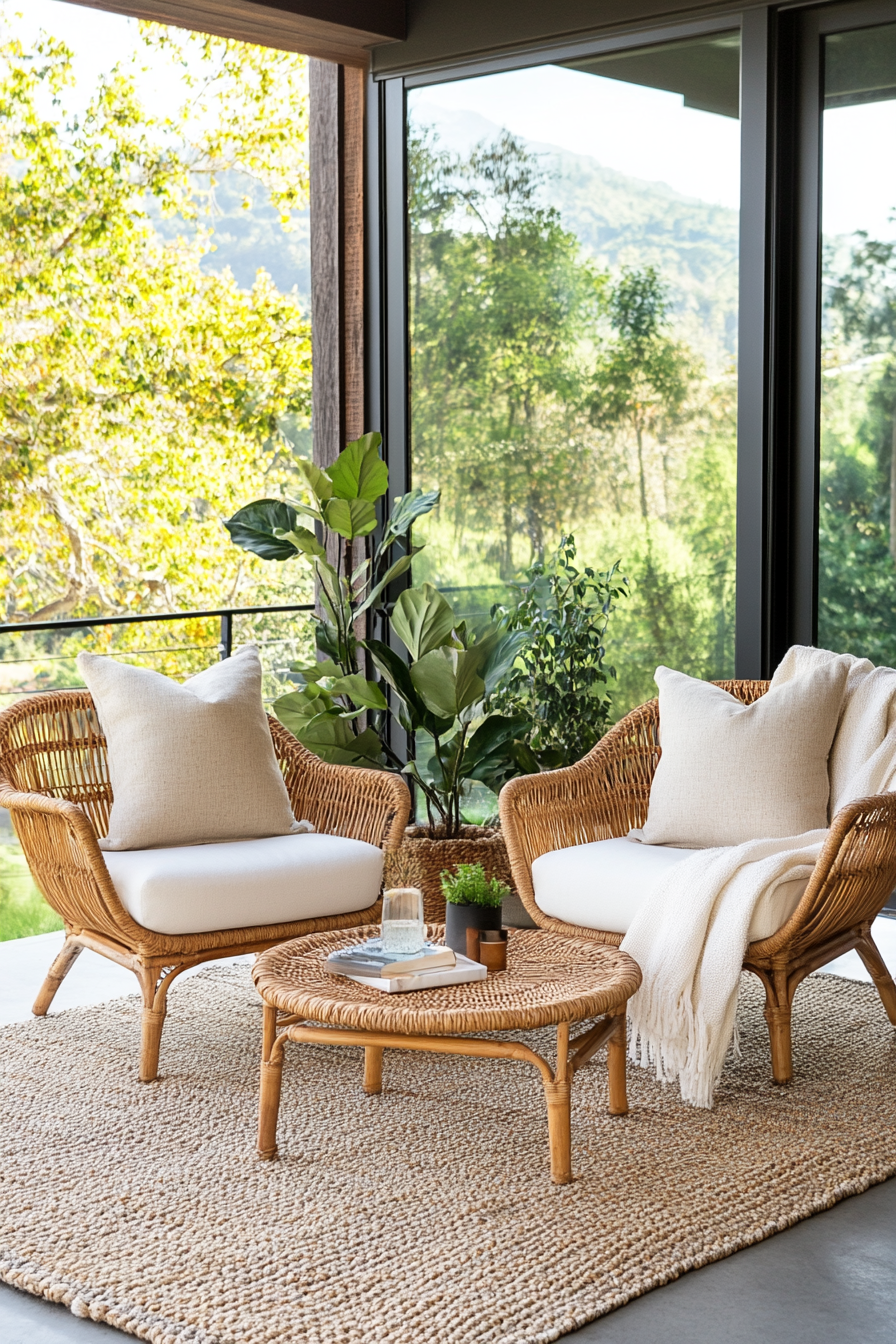 Curved woven rattan chairs in an organic modern space