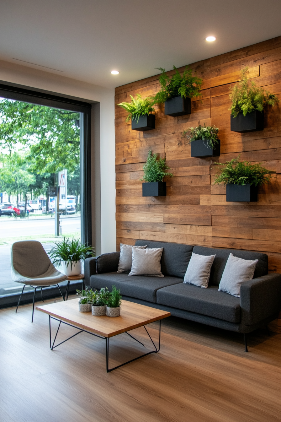 Reclaimed wood accent wall with lush greenery
