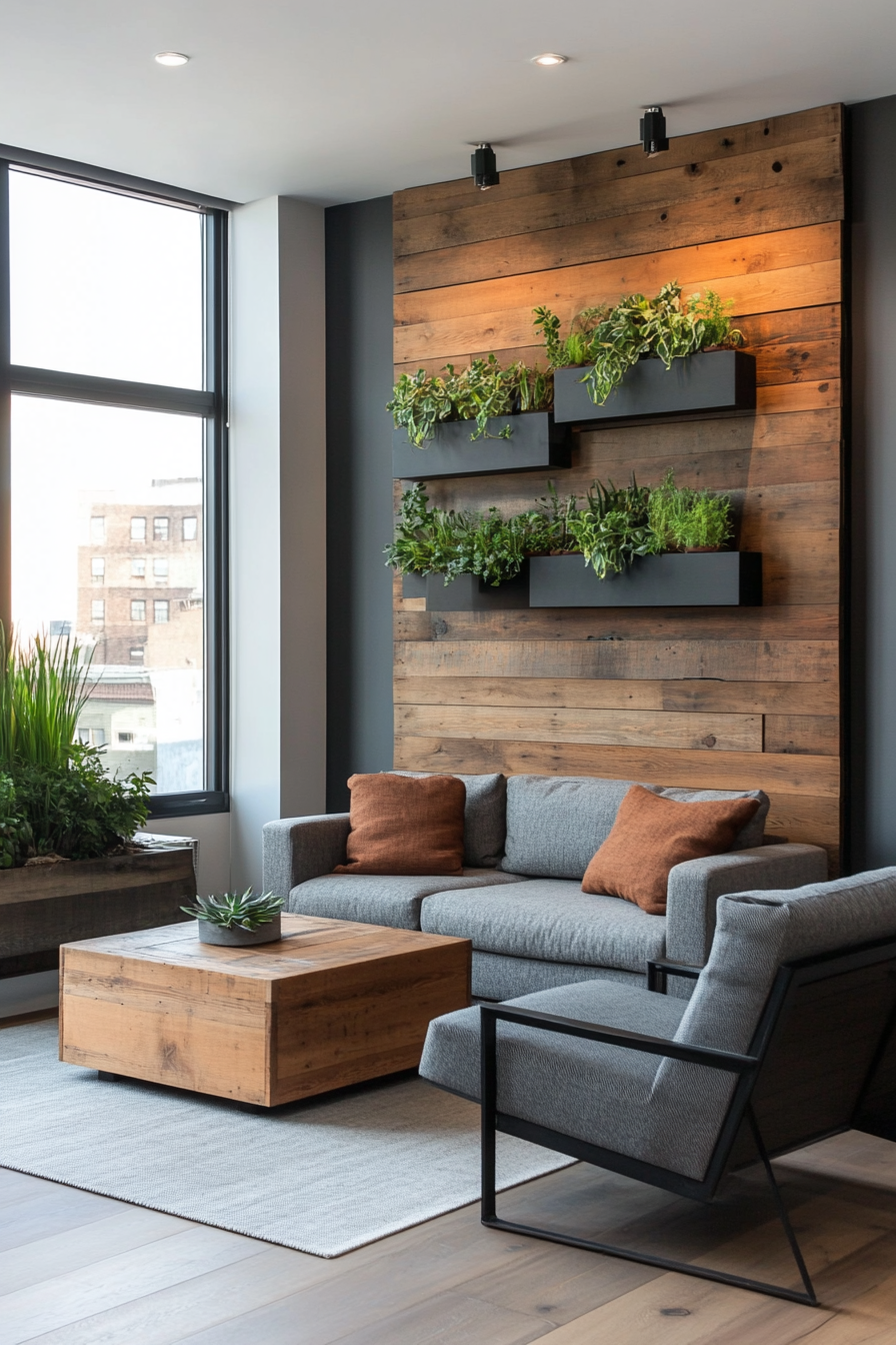 Rustic reclaimed wood accent wall with vibrant greenery