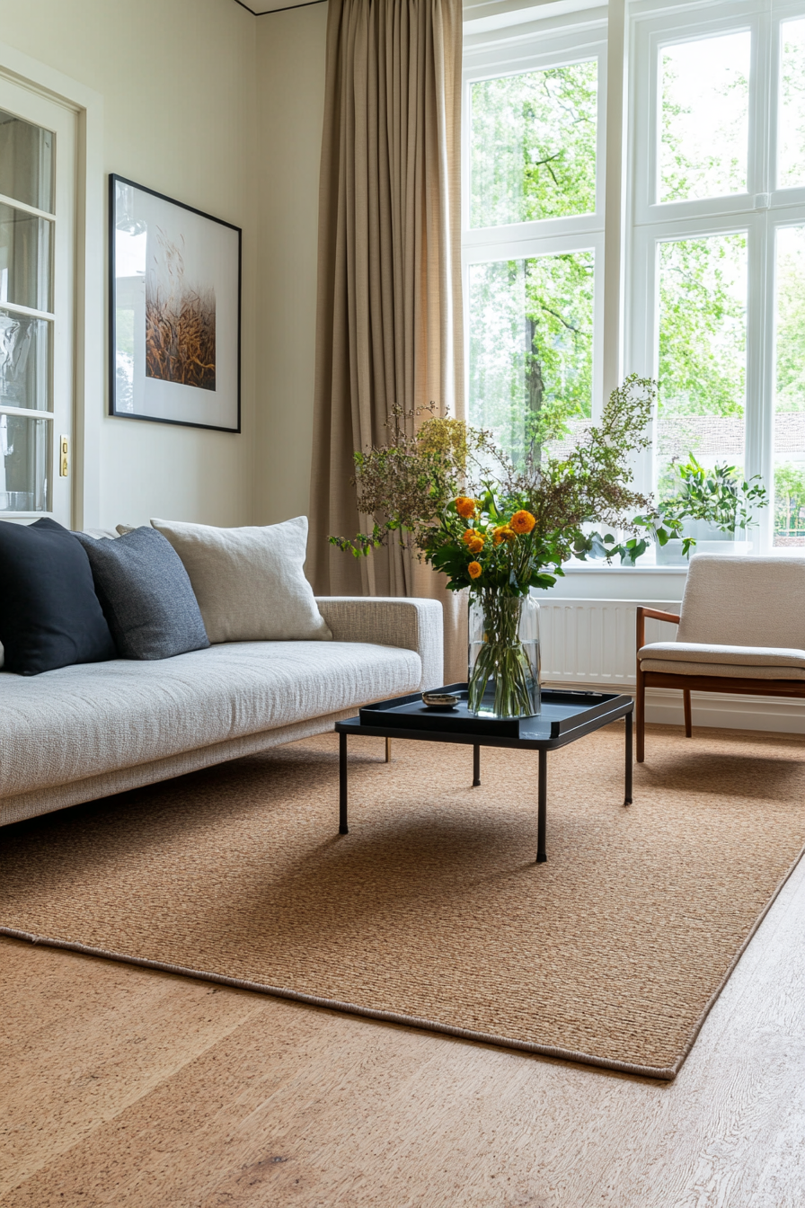 Sustainable cork flooring in a modern living room