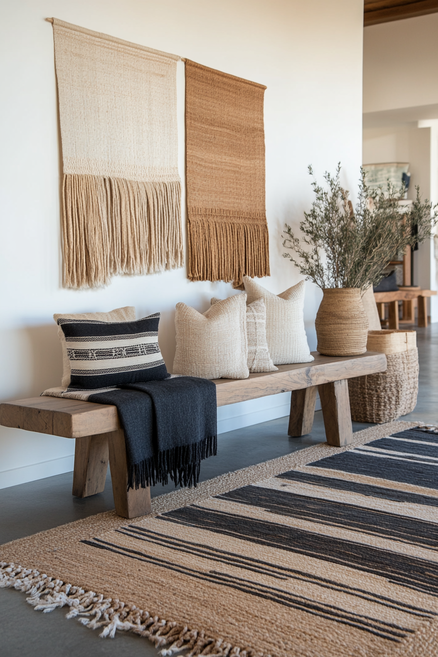 Handwoven textiles adding rich texture to an organic modern living room