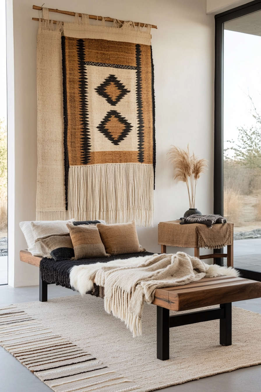 Artisan-made handwoven textiles adding depth to a living room