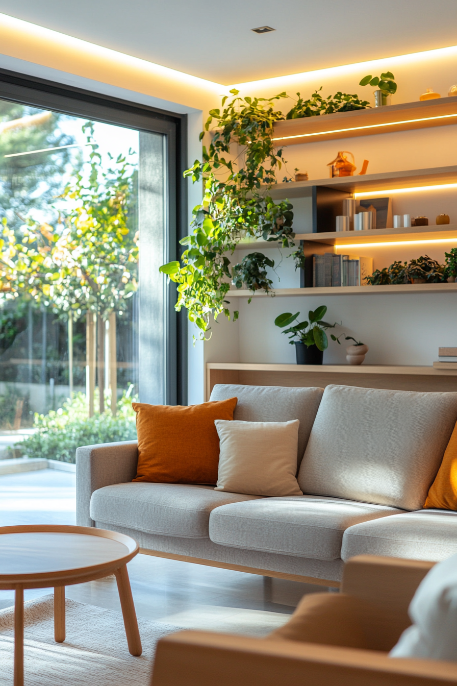 Living plant wall with sleek integrated shelving
