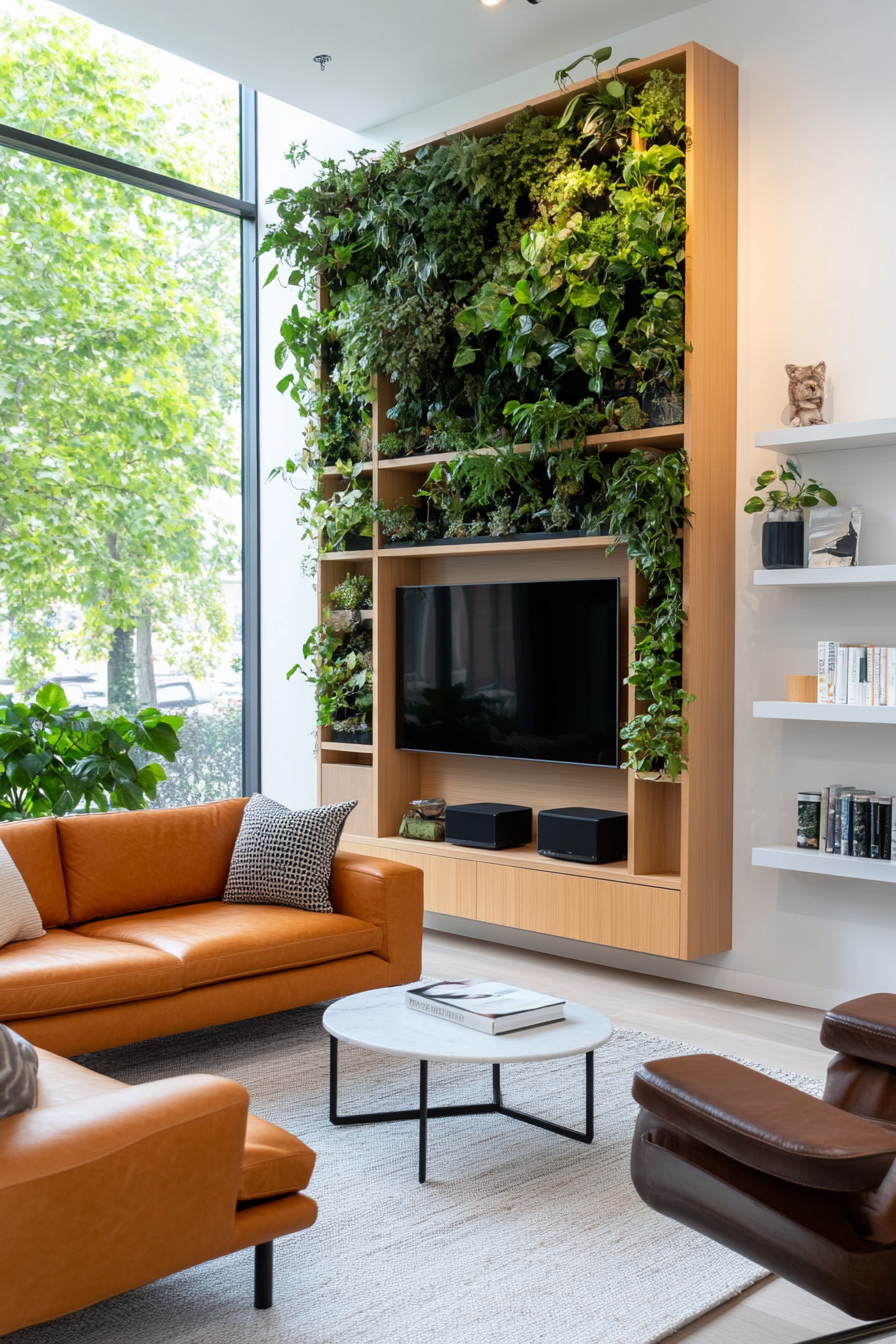 Living plant wall with minimalist shelving in a modern space